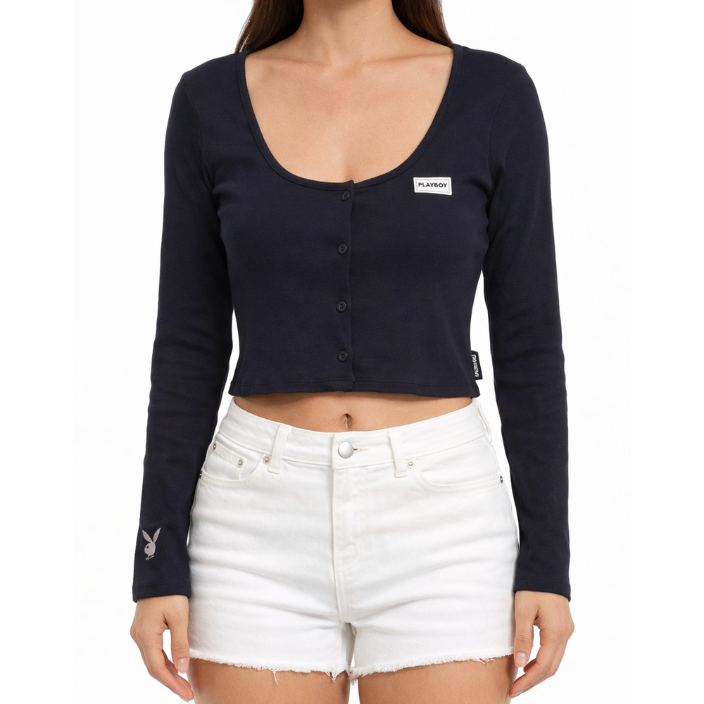 Playboy x Missguided Top Size 10 Blue Long Sleeve Ribbed Crop Top Y2K Sexy Logo